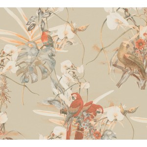 A.S. Création Vliestapete mit tropischen Vögeln, orange und beige.