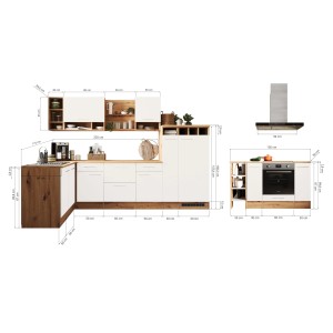 Respekta Winkelküche Hilde 310x172 cm, weiße Fronten, Holzoptik, mit E-Geräten und Insel, Maßangaben.