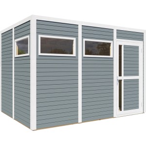 Modernes, hellgraues Bertilo Holz-Gartenhaus Cubus 3 mit Tür und Fenstern.