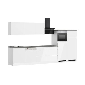 Moderne Küchenzeile Gera 360 cm in Weiß/Beton mit E-Geräten wie Herd, Ofen und Geschirrspüler.
