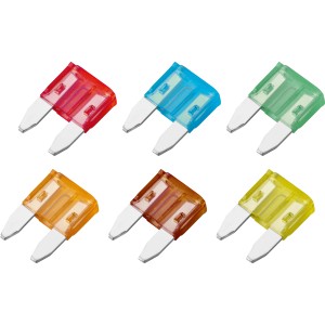 Mini-Sicherungsset, 6-teilig, farbcodiert (5A-30A) zur KFZ-Stromkreisabsicherung.