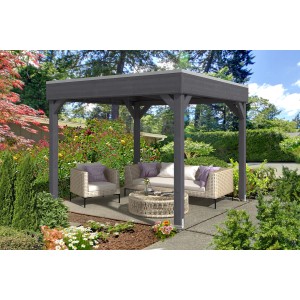 Skan Holz Pavillon Toulouse, schiefergrau lasiert, 294x294 cm, mit Gartenmöbeln im Grünen.