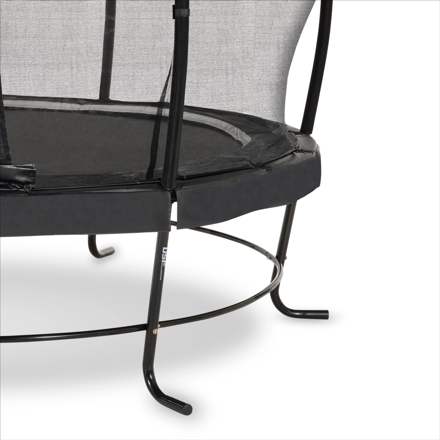 Detailaufnahme des schwarzen EXIT Lotus Classic Trampolins (Ø 253 cm) mit Sicherheitsnetz und L-förmigen Füßen.