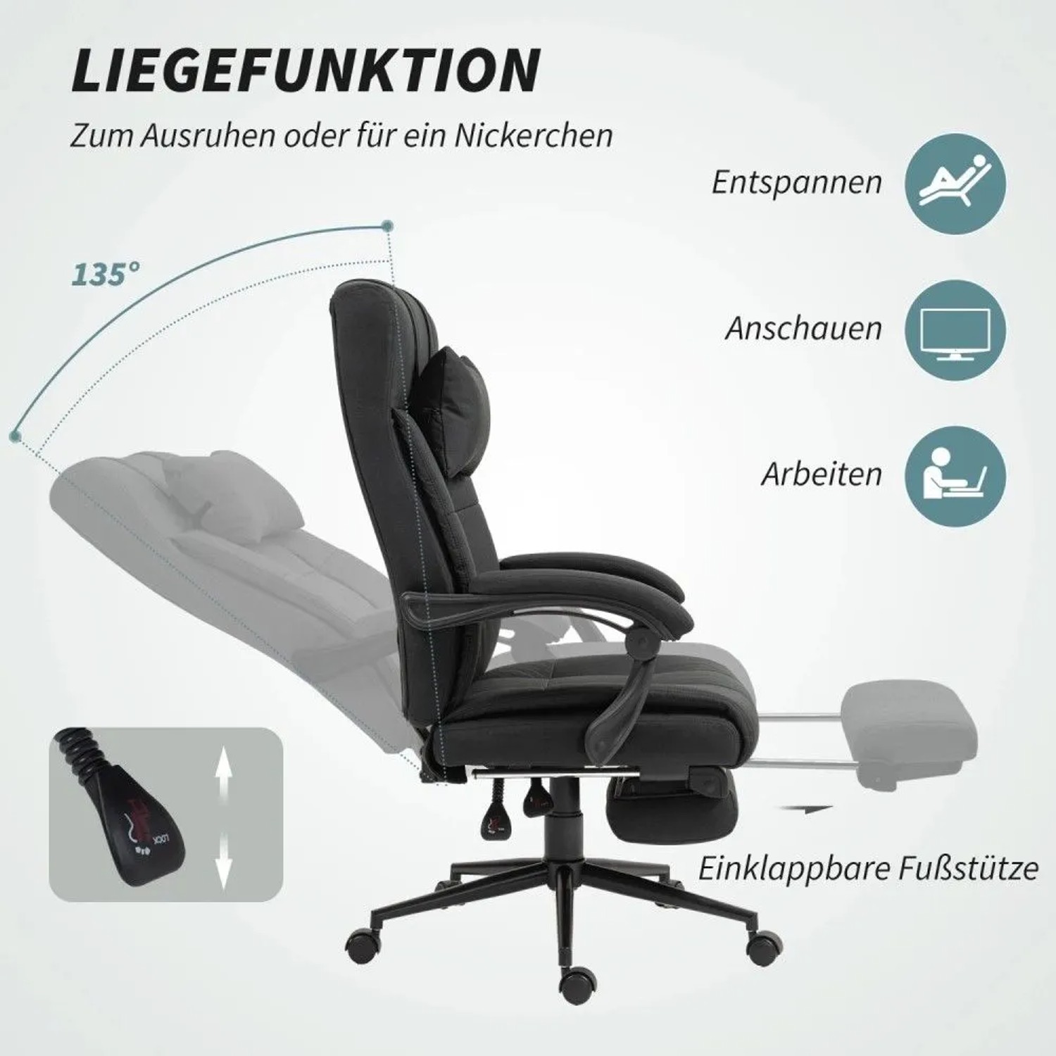 Schwarzer ergonomischer Bürostuhl mit Liegefunktion, ausziehbarer Fußstütze und Leinenoptik.
