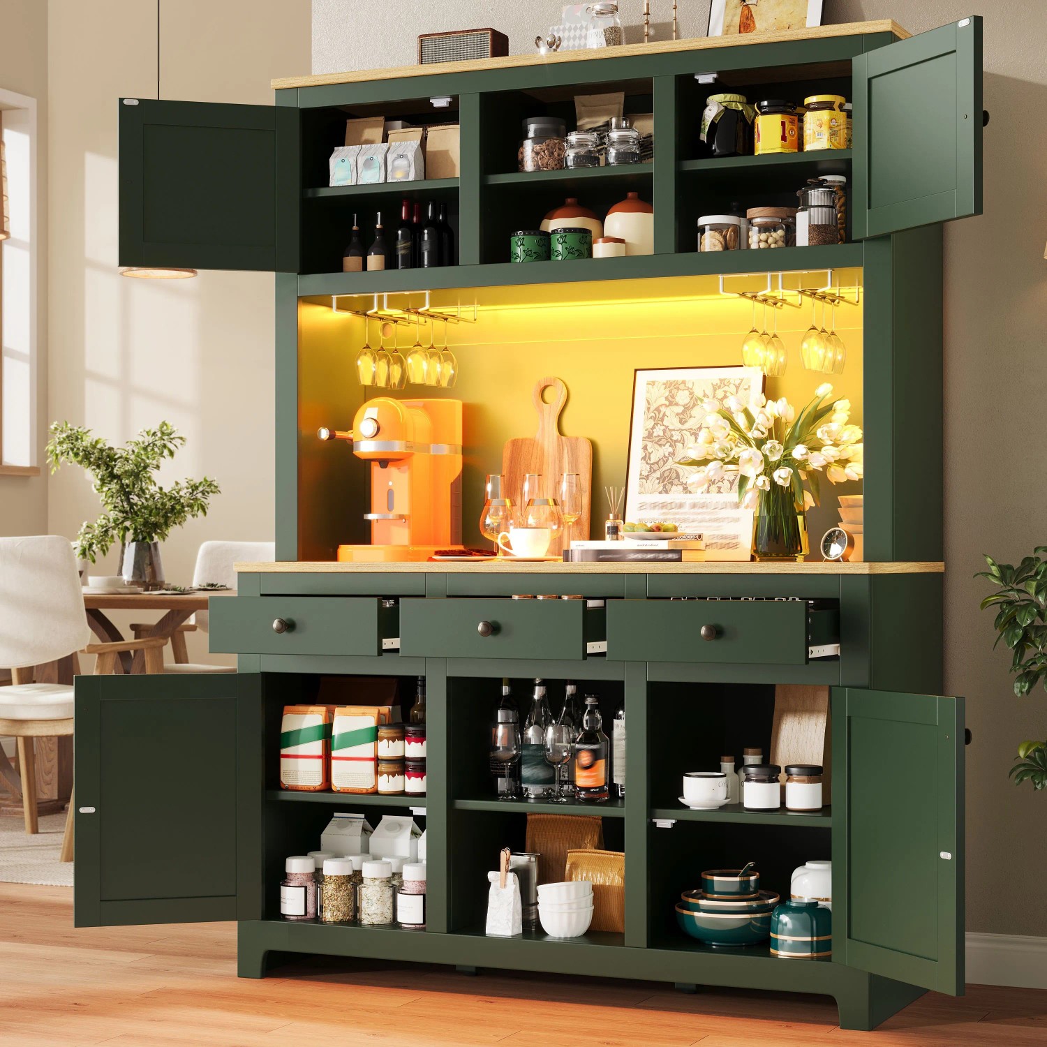okwish Hochschrank mit LED Lichtsystem Rattan Kippsicherung Küche 120x40x180cm Grün_2