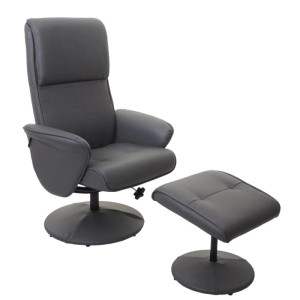 Mattgrauer Relaxsessel Stockholm mit Hocker, Kunstleder, drehbar und verstellbarer Rückenlehne.