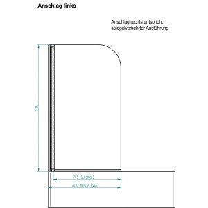 Technische Zeichnung: Echtglas Wannenaufsatz, 1400x800 mm, linksseitiger Anschlag.