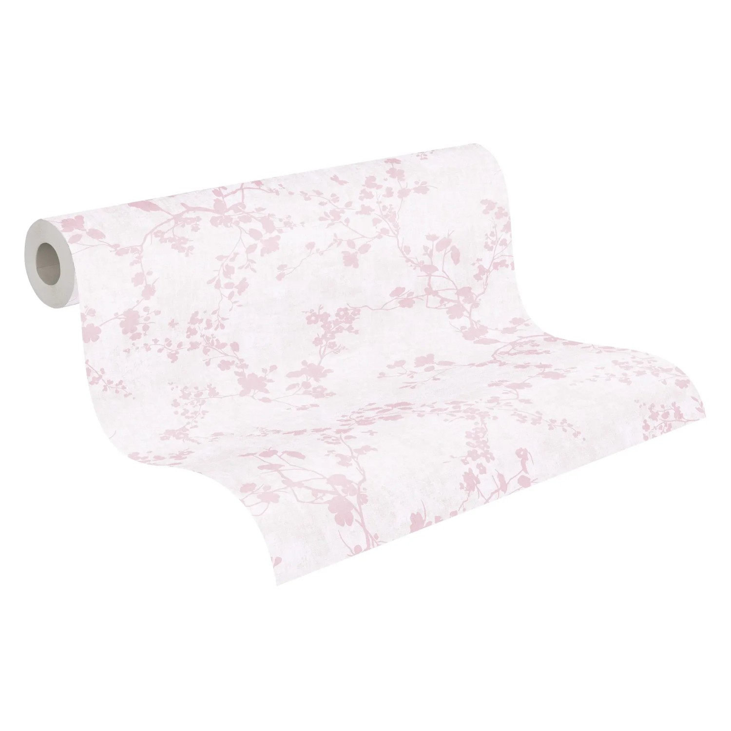 A.S. Creation Vliestapete mit Blümchenmuster in Creme-Rosa, Rolle teilweise abgerollt.