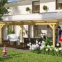 Freistehende Skan Holz Terrassenüberdachung Sanremo aus Leimholz Natur mit Polycarbonat-Doppelstegplatten.