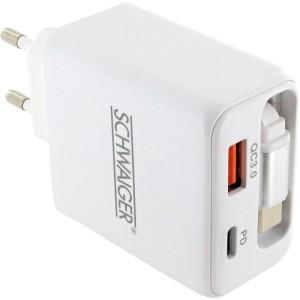 Weißer Schwaiger Ladeadapter mit USB-A, USB-C Anschlüssen und ausziehbarem USB-C Kabel für Handy-Zubehör.