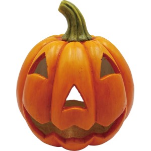 Orangefarbenes Windlicht Kürbis mit Gesicht, 31,5 cm, aus Magnesia für den Außenbereich.