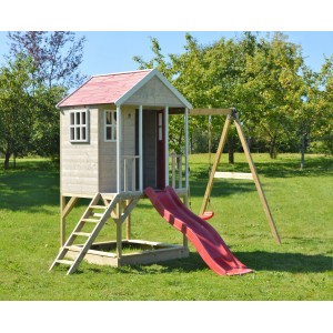 Wendi Toys Kinderspielhaus Alpaka mit Veranda, Rutsche und Schaukel im Garten.