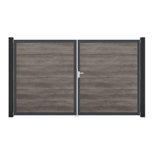 GroJa Steckzaun Tor BasicLine, 2-flügelig, DIN Rechts, DB Monument Oak, Ansicht von vorn.