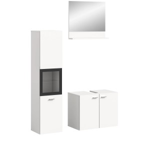 Weiße Badkombination mit Waschbeckenunterschrank, Spiegel und Hängeschrank. Badmöbel-Set für flexibles Design.