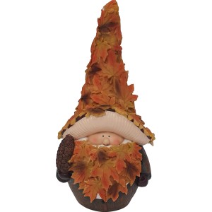 Gartenfigur Ahornwichtel Groß aus Polyresin mit Blätterhut und Tannenzapfen.