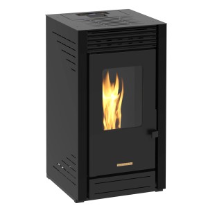 Schwarzer Blaze Pelletofen Maui 6 kW mit Sichtfenster und Flammen.