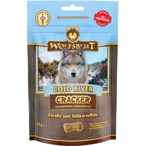 Wolfsblut Cold River Cracker Hundesnack, getreidefrei mit Forelle & Süßkartoffel, 70g Packung.