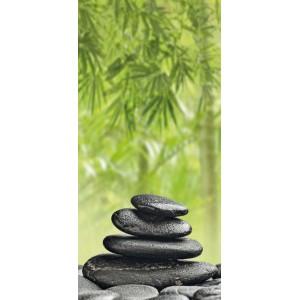 Sanowall Duschrückwand Wellness Rechts mit Steinmotiv und Bambus im Hintergrund.