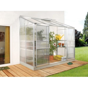 Vitavia Anlehn-Gewächshaus Ida 3300, 3,3 m², Alu-Blank mit Schiebetür und Dachfenster.