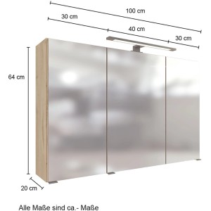 Held Möbel Spiegelschrank Florenz 100 cm in Wotaneiche mit LED-Leuchte.