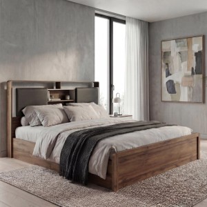 King Size Bett mit Lattenrost, Kopfteil mit Staufächern, Wotan Eiche Optik/Weiß, 180x200 cm.