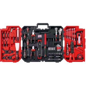 Geöffneter, 125-teiliger kwb Werkzeugkoffer mit diversen Werkzeugen, rot/schwarz.