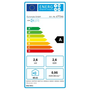 Energielabel des OBI Mobiles Design Klimageräts mit EEK A und 9.000 BTU.