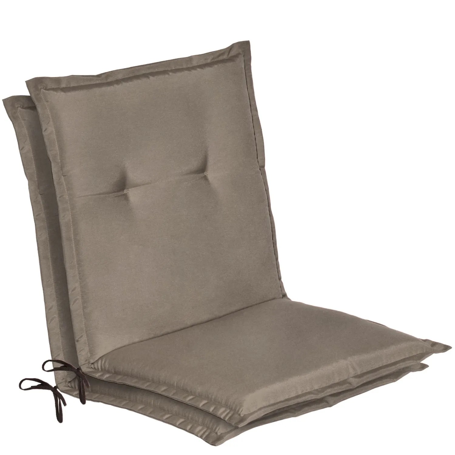 Zwei taupefarbene Beautissu Niedriglehner Auflagen für Gartenstühle, 100x50x6cm, mit Steppungen und Bändern.