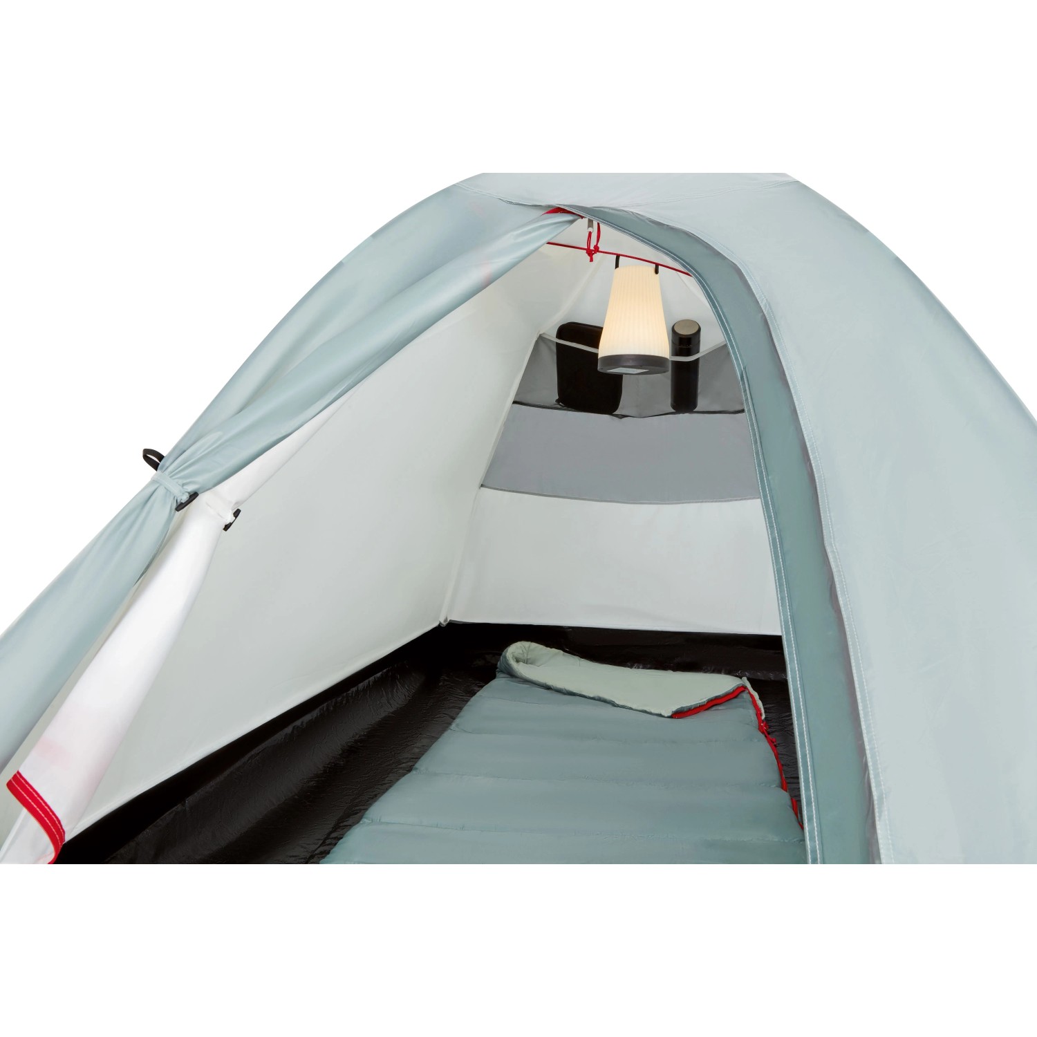 Innenansicht: CAMPSITE Zelt für 2 Personen mit Schlafsack und Lampe.