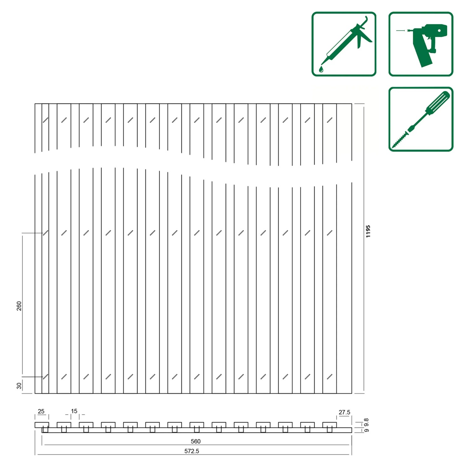 Technische Zeichnung: FN Acustico Akustikpaneel Betonoptik, 57,25x240 cm, mit Maßangaben.