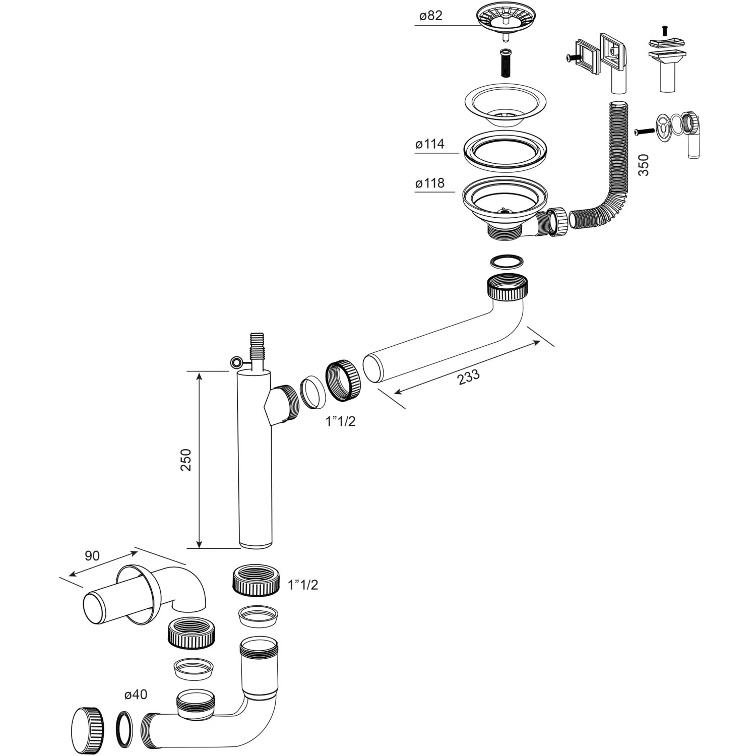 Miló Röhrensiphon-Set Ø 114 mm für Spüle, Detailzeichnung mit Maßen.