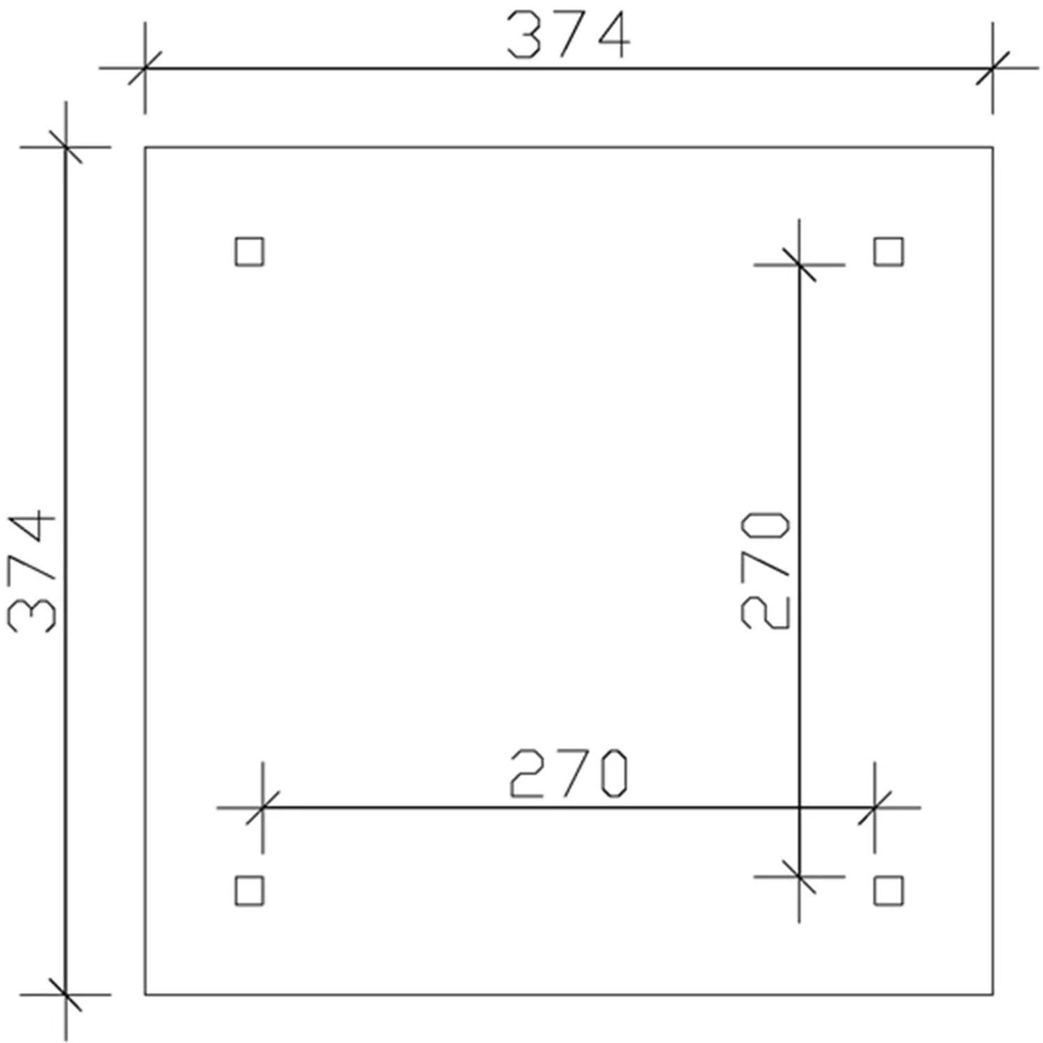 Grundriss des Skan Holz Pavillon Cannes 1, Eiche hell lasiert, mit Maßangaben 374 x 374 cm.