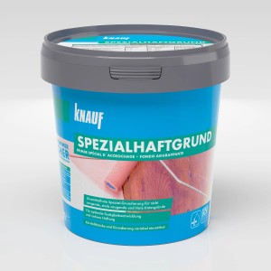 Knauf Spezialhaftgrund 1 kg im blauen Eimer, geeignet für glatte und nichtsaugende Untergründe.