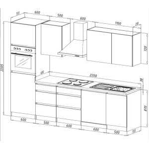 Skizze der Respekta Premium Küchenzeile 280 cm in Schwarz Hochglanz-Weiß mit Maßen.