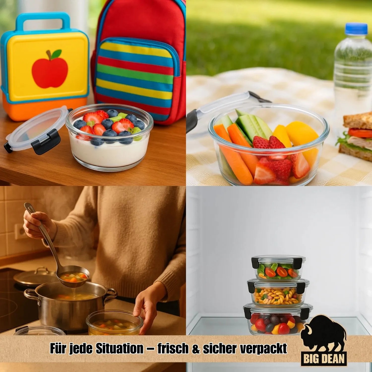 BigDean Glasbehälter mit Deckel in 3 Größen Mikrowellengeschirr Glas Meal Prep Container aus Glas Runde Glasbehälter Mikrowellengeschirr Glas_2