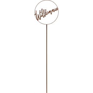 Rostfarbener Gartenstecker mit rundem "Willkommen" Schild, 90cm hoch. Gartendekoration für einen freundlichen Empfang.