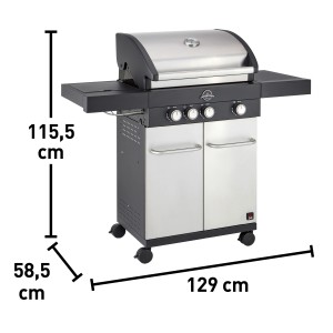 Jamestown Maddox Gasgrill mit 3 Brennern, Seitenbrenner, Ablagetischen und Edelstahl-Design.