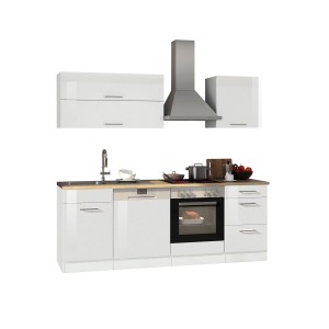 Moderne, weiße Hochglanz Küchenzeile Mailand 220 cm mit E-Geräten und Eiche Arbeitsplatte.