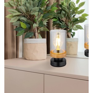 Globo Tischlampe Finca, schwarz-matt mit Rauchglas, 20,5cm hoch. Design-Tischleuchte für Wohnräume.