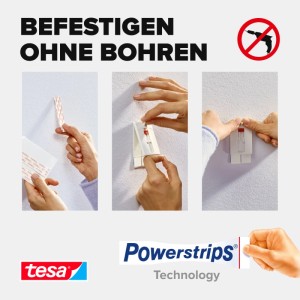 Tesa Klebenagel für Tapeten & Putz: Anwendung ohne Bohren. Hände befestigen verstellbaren Nagel mit Powerstrips.