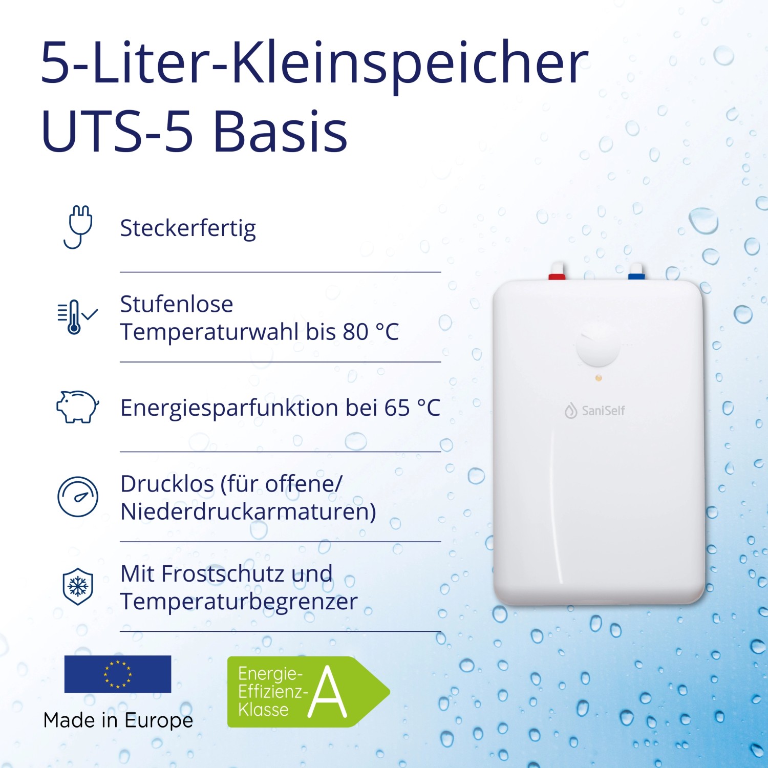 SaniSelf Kleinspeicher UTS-5 Basis Untertisch, 5 Liter, drucklos, mit Temperaturregler und Energiesparfunktion.