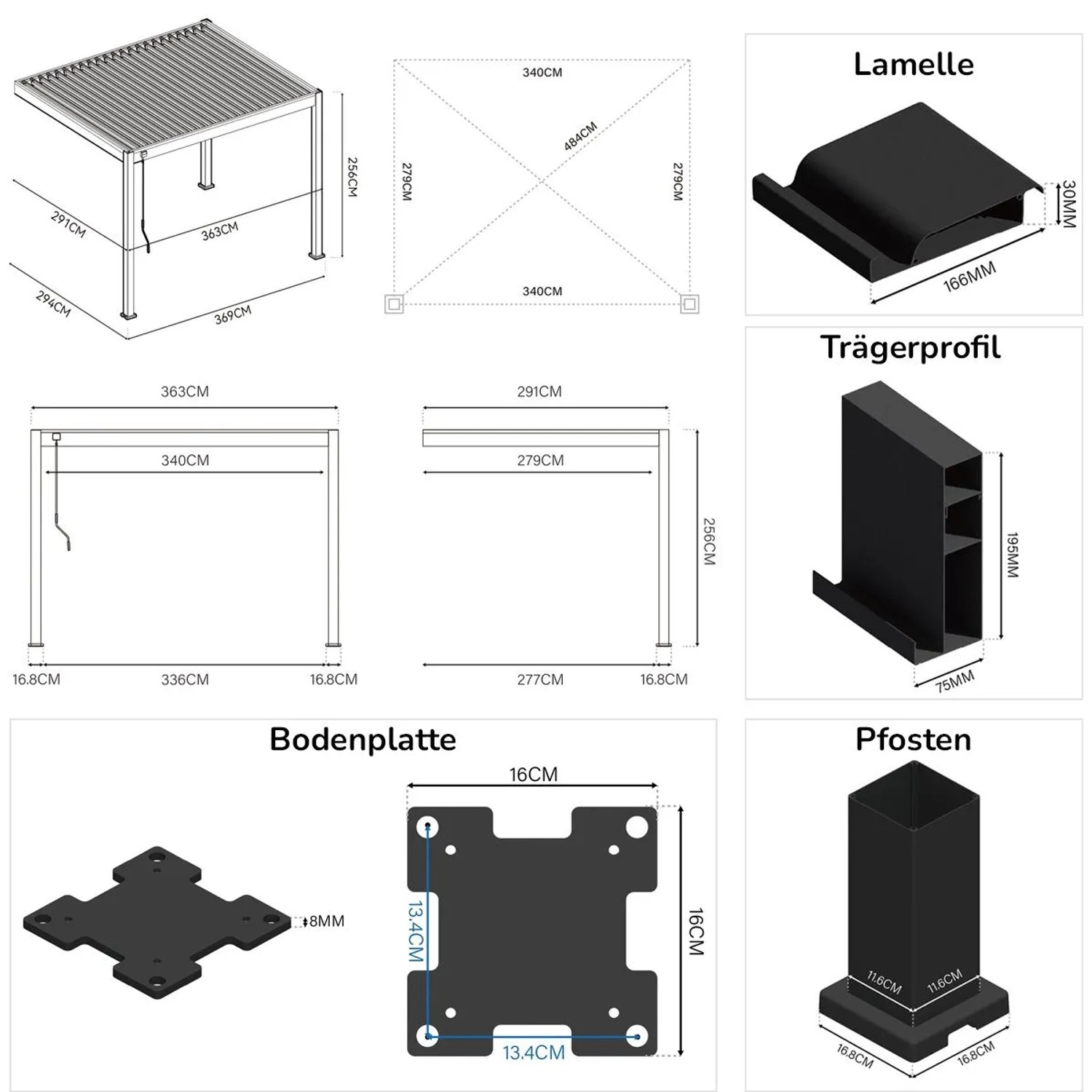 Technische Zeichnung des Weide Deluxe Wand Pavillons. Zeigt Maße, Aluminium-Lamellen, Pfosten und Bodenplatte der Terrassenüberdachung.