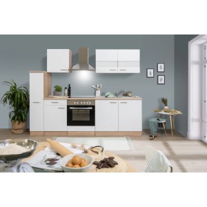 Respekta Küchenzeile KB240ESWC, 240 cm, Weiß-Eiche Glänzend, mit Elektrogeräten und viel Stauraum.