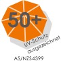 UV-Schutz 50+ Zeichen auf orangefarbenem Schneider Balkonschirm Avellino.