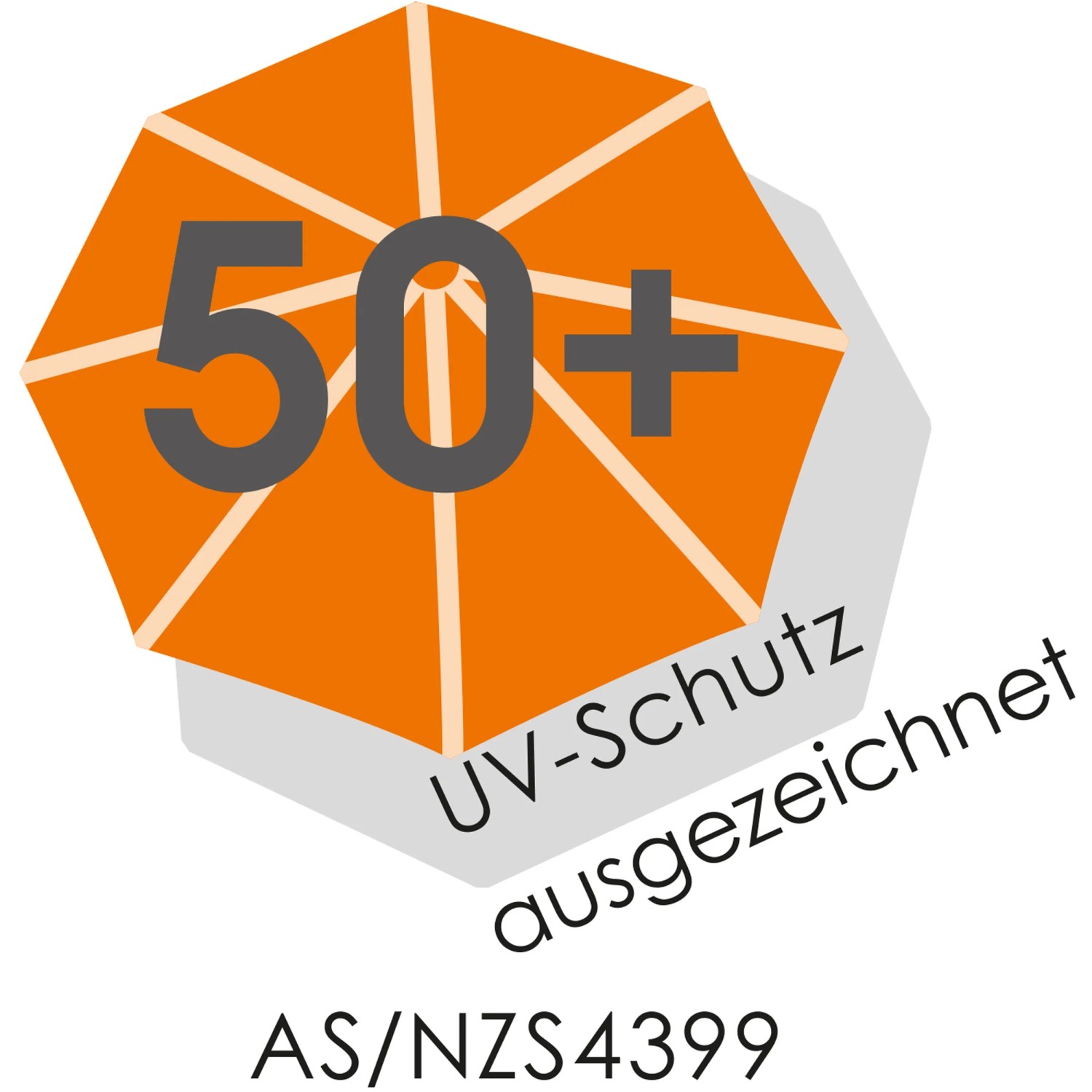 UV-Schutz 50+ Zeichen auf orangefarbenem Schneider Balkonschirm Avellino.