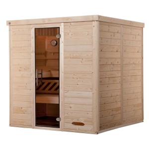 Weka Massivholzsauna Kemi 3 mit Glastür, Fichtenholz natur, zwei Liegen. Elementsauna für entspannte Stunden.