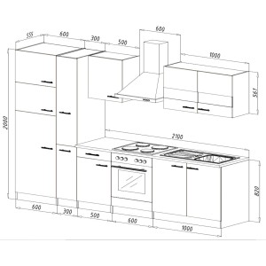 Skizze der Respekta Küchenzeile KB300ESSCGKE, 300 cm, Schwarz und Eiche Sägerau Nachbildung.