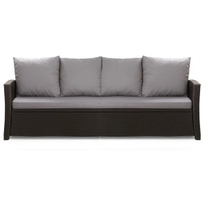Graues 3-Sitzer Gartensofa mit Polyrattan und Kissen aus dem Setgarden Mix-Techno Gartenkissen Set.