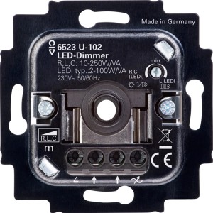 Busch-Jäger Dimmer Einsatz 6523 U-102 für LED-Dimmer, Rückansicht mit techn. Details.