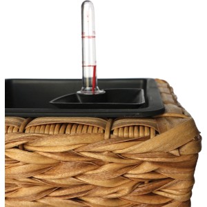 Detailaufnahme Pflanzgefäß in Natur mit Wasserstandsanzeige. Quadratischer Pflanzkübel aus Polyrattan.
